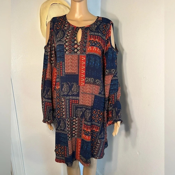 Mittoshop, M, scoop neck cold shoulder, bell long sleev, patchwork design, mini, - Picture 5 of 11